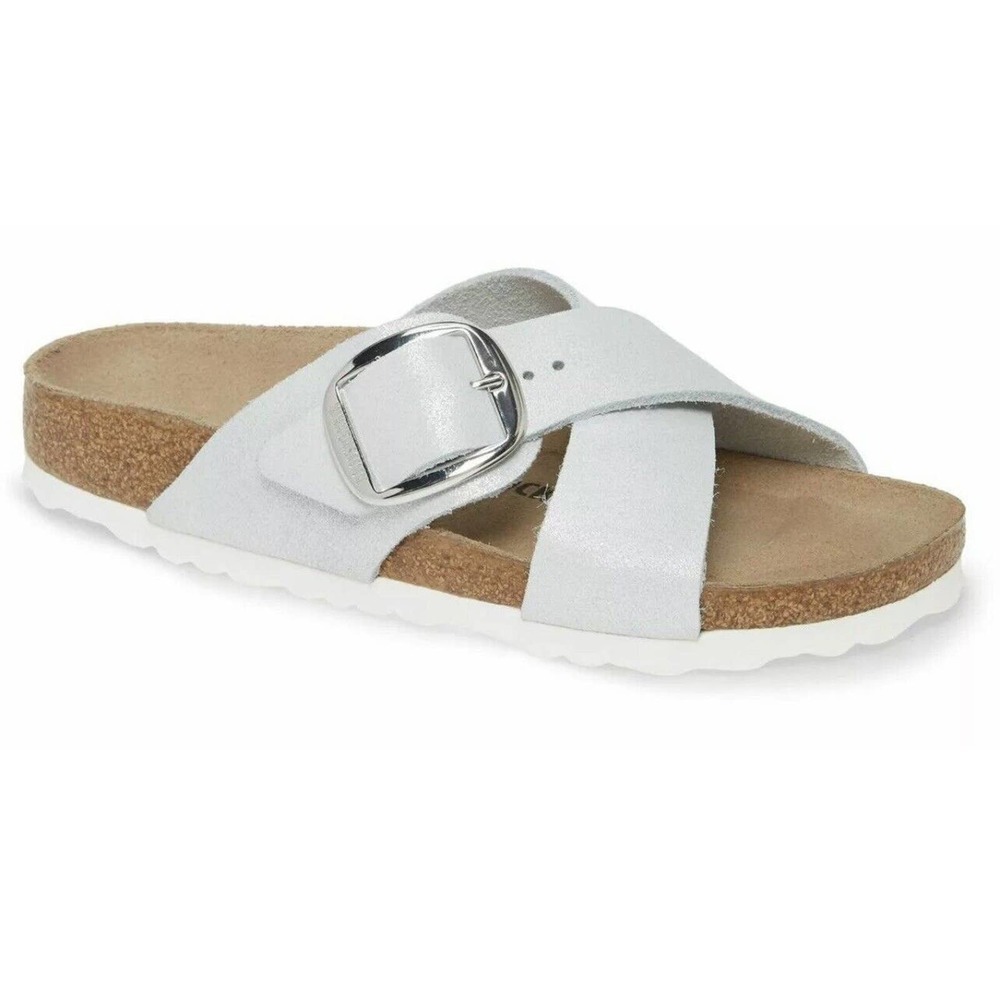 BIRKENSTOCK SIENA BIG BUCKLE SLIDE SANDAL WASHED METALLIC WHITE SZ 6-6.5US/37EU